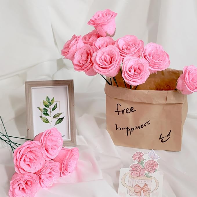 Glitter Roses Bouquet Graduation Gifts, Shiny Artificial Roses Flowers with Stems DIY Fake Glitter Flowers Bouquet for Anniversary Graduation Birthday Wedding, 24 Roses (Pink)