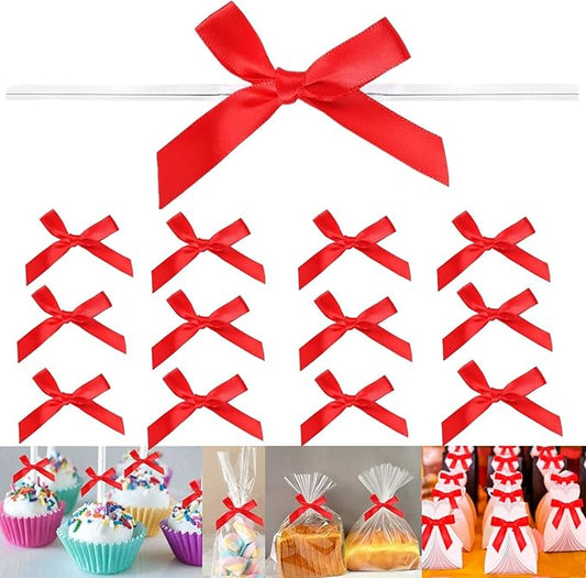 100 Pieces Red Bow Twist Ties for Bags, Satin Twist Tie Bows for Cake Pops, Twist Bows for Treats, Pre Tied Bows for Gifts Wrapping, Ribbon Bows, Pretied Bows Ties for Christmas Gift Wrap Bows