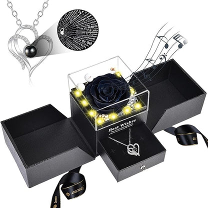 Christmas Birthday Gifts for Women - Preserved Real Rose with I Love You Heart 100-Language Necklace, LED Lights & Music Gift Box, Christmas for Women Girlfriend Mom