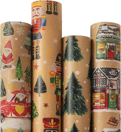 Ribbli Christmas Wrapping Paper 4 Rolls Vintage Kraft Wrapping Paper, 30 Inch x 10 Feet Per Roll, Brown Kraft Paper with Christmas Tree/Santa/Nutcracker/Street Scenes