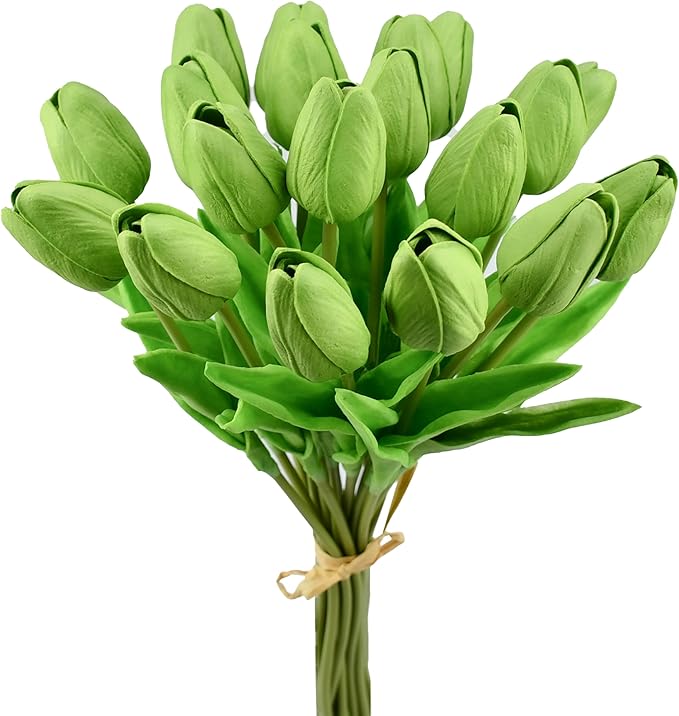 Mandy's Artificial Tulips 20 Stems Green PU Faux Flowers for Thanksgiving and Christmas Decorations Wedding Home Decor 13.5 Inch