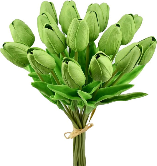 Mandy's Artificial Tulips 20 Stems Green PU Faux Flowers for Thanksgiving and Christmas Decorations Wedding Home Decor 13.5 Inch