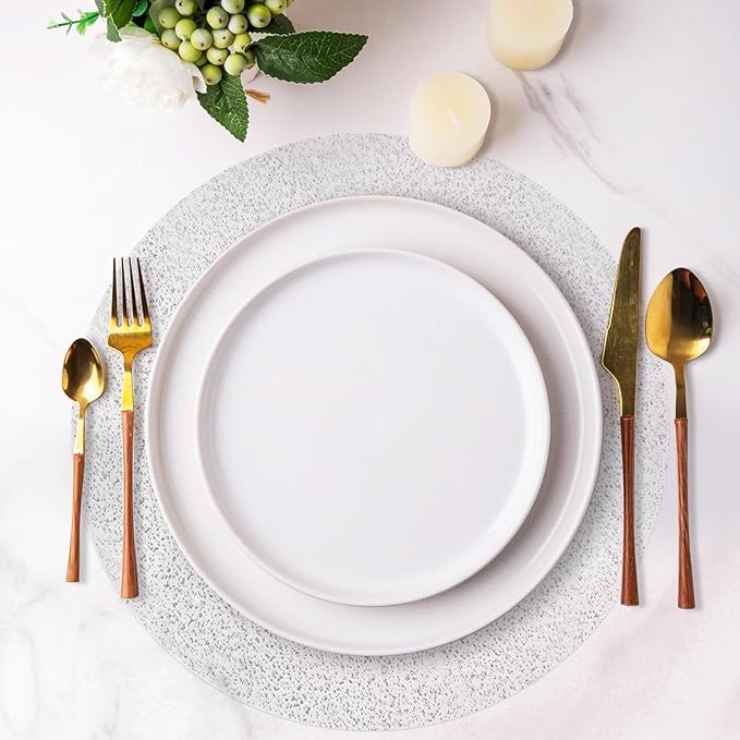 Hysenm 50 Pcs Disposable Silver Placemats Set Metallic 13 Inch Round Foil Mesh Pressed Table Doilies, Ultra-Thin Disposable Placement Mats for Home Decoration Dining Table Wedding Birthday Party