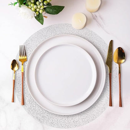 Hysenm 50 Pcs Disposable Silver Placemats Set Metallic 13 Inch Round Foil Mesh Pressed Table Doilies, Ultra-Thin Disposable Placement Mats for Home Decoration Dining Table Wedding Birthday Party