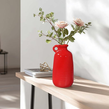 Sunddo Red Ceramic Vase - 10 Inch Modern Flower Vase for Home Decor, Decorative Vase with Handle, Red Decor for Entryway, Bedroom, Office, Centerpiece Table Decorations