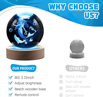 3.15in 3D Mermaid Nightlight, Mermaid Lamps for Girls Bedroom, Night Light, 16 Colors & Remote Controls Crystal Ball Lamp, Birthday Christmas Mermaids Gifts for Girls Kids