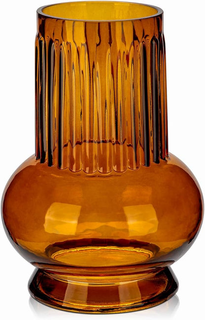 Brown Ribbed Glass Vase, 7" x 3.5" Thickened Modern Flower Fluted Vase Hydroponic Ornament Arrangement for Home Living Room Wedding Centerpieces Office Table Decor