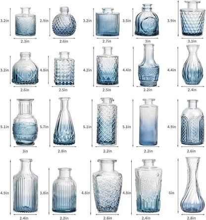 Glass Bud Vase Set of 20 - Small Vases for Flowers in Bulk - Assorted Vintage Crystal Vases for Flowers, Table Centerpieces (Blue, 20 Pcs)