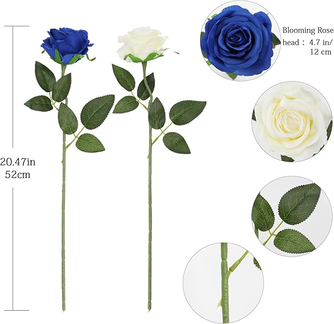 Tifuly Roses Artificial Flowers - 12 pcs Realistic Long Stem Fake Roses Mashup Style Silk Roses for DIY Bouquets Wedding Centerpieces Arrangements Home Party Decor（White & Blue）