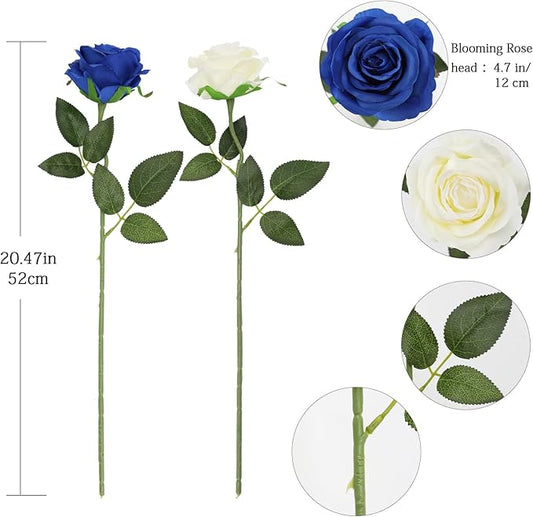 Tifuly Roses Artificial Flowers - 12 pcs Realistic Long Stem Fake Roses Mashup Style Silk Roses for DIY Bouquets Wedding Centerpieces Arrangements Home Party Decor（White & Blue）