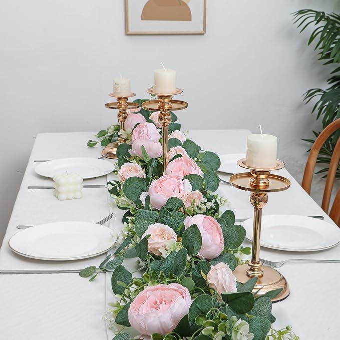 SOMYTING Artificial Flower Garlands Eucalyptus Garlands with Flowers Rose Peony Flower Vine Faux Floral Garland for Wedding Party Arch Table Wall Backdrop Decoration (Light Pink, 4PCS)
