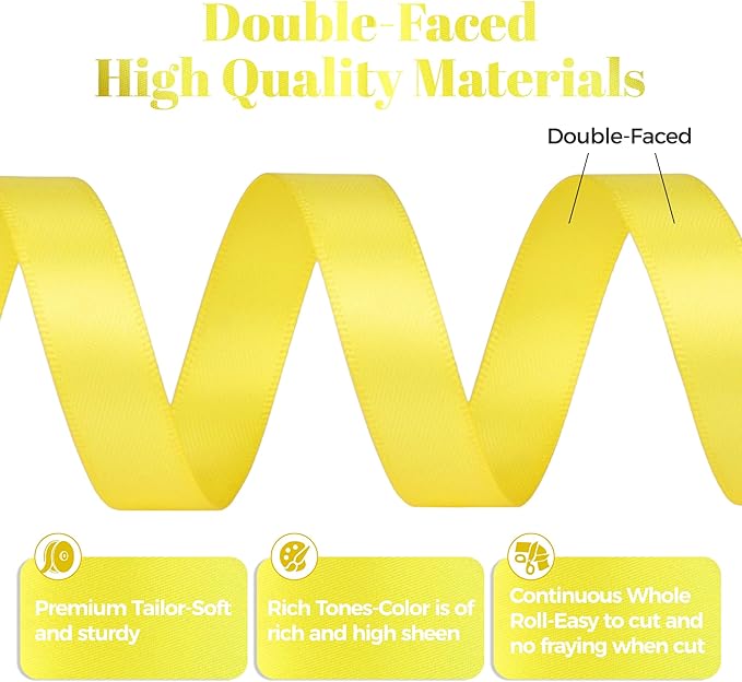 Lemon Yellow Satin Ribbon, Double Faced 1/2 Inch X 25 Yards Lemon Yellow Ribbon, Premium Satin Ribbon for Gift Wrapping, Crafts, Hair Bow Making, Sewing, Flower Bouquet, Wedding Party Decor