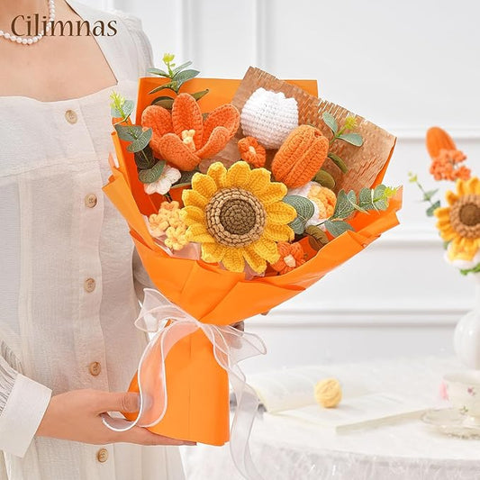 Cilimnas Crochet Flower Bouquet,Orange Knitted Flowers, Handmade Sunflowers Tulips Roses Bouquet for Birthday Anniversary Party Mother's Day Graduation Gifts
