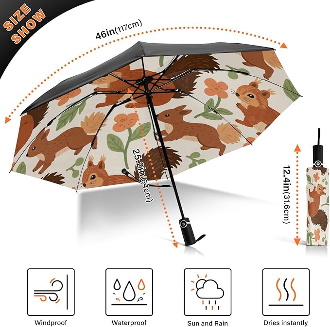 Squirrels and Flowers Pattern Print Folding Umbrella Compact Travel Automatic Open Close Sun UV Protection Reverse Inverted Umbrella for Rain Women Men Outsid
