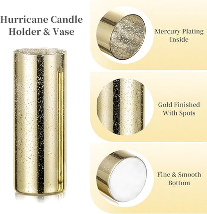 Glass Cylinder Vases Set of 6, Hewory Glittery Gold Vase for Centerpieces, Hurricane Candle Holders for Pillar or Floating Candle, Round Tall Vase for Wedding Anniversary Events Home Table Decor