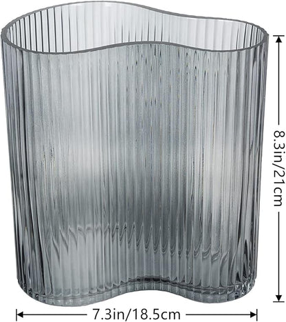Glass Vase for Centerpieces,Modern Large Vase for Flowers,Footprint Shape Striped Bottle for Home,Office Restaurant Desk Decor 8.3 Inch(Gray)