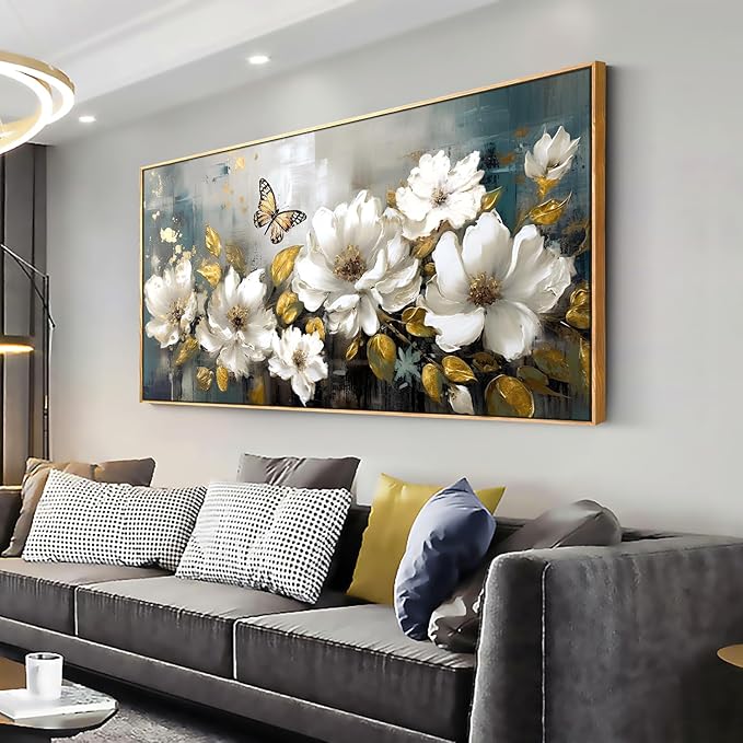Wall Art Modern Flower Artwork Paintings White Blossom Gold Leaf Butterfly Landscape Picture wall Decor for Living Room Bedroom Kitchen 40"x79" with Framed