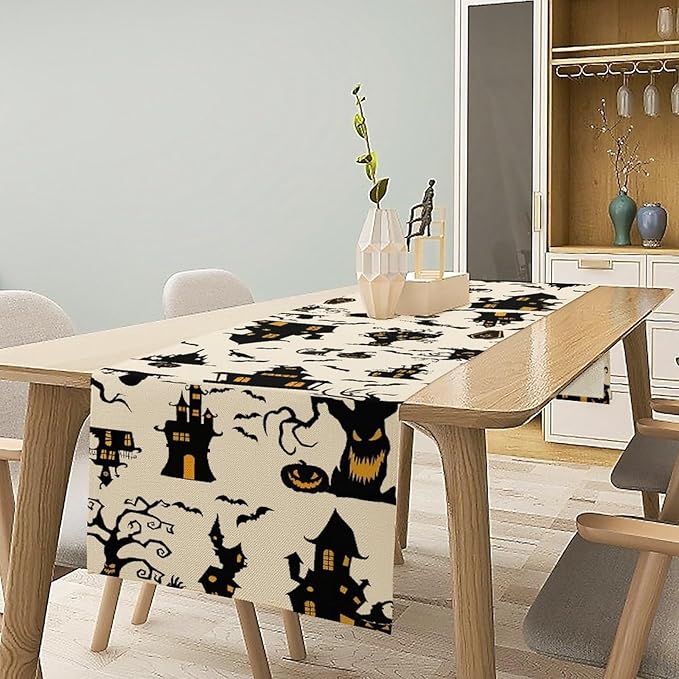 Halloween Table Runner, Retro Gothic Spoonky House Day of Death Mysterious Halloween Coffee Table Center Decor for Home Kitchen Dining Patio Holiday Party Table Decorations 13x72 inches