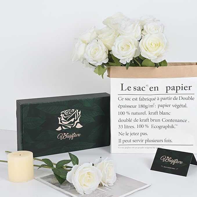 Waipfaru 8 Pcs Fake White Roses Artificial Flowers Bulk, Real Touch Silk Faux Roses with Long Stems for Wedding Bouquet Vase Flower Arrangement Table Centerpieces Home Decor (White)