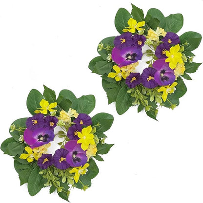 WELL KNOWN 2 Pcs Mini Spring Floral Candle Rings Wreaths for Pillars Home Table Window Decor, 9 Inches Artificial Flower Cabinet Wreath for Kitchen Farmhouse Wedding Party (Purple Morning Glory)