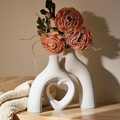 Snuggle Hollow Ceramic Decorative Vase, Modern Minimalist Nordic Boho Ins Style Vases for Home Decor Living Room Shelf Entryway Coffee Table or Console Décor (Matte Milky White)