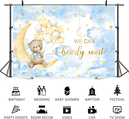 10x8ft Baby Shower Backdrop We Can Bearly Wait Photography Background Bear White Balloons Blue Clouds Moon Stars Cartoon Banner Decorations Birthday Party Newborn Portrait Photo Booth Prop