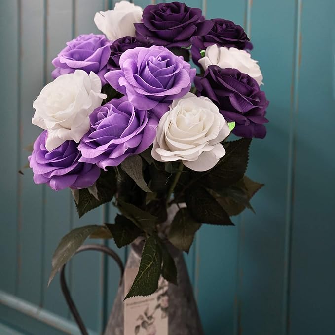 FiveSeasonStuff 12 Stems Artificial Flowers Real Touch Silk Roses for Wedding Decoration Bridal Bouquets Table Centerpieces Party Shower, Packed in Box (Luxe Purple & White)