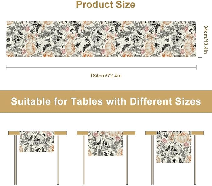 Gothic Table Runner,Black White Skull Moth Pumpkin Halloween Table Runner for Home Kitchen Table Dining Garden Farmhouse Wedding Party Decor 13x70 Inch