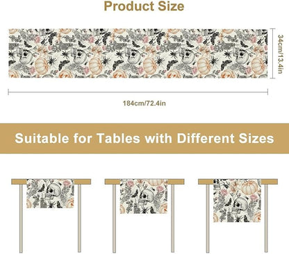 Gothic Table Runner,Black White Skull Moth Pumpkin Halloween Table Runner for Home Kitchen Table Dining Garden Farmhouse Wedding Party Decor 13x120 Inch