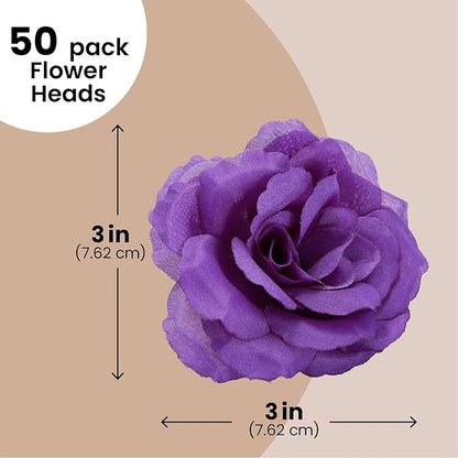 Bright Creations Artificial Roses Heads - 50 Pack, 3 in, Dark Purple Flowers, Stemless - Silk Roses for DIY Decor & Wedding Centerpieces