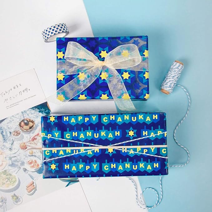 WRAPAHOLIC 30 Inch Hanukkah Wrapping Paper Roll - Jumbo Roll Menorahs, the Star of David, Candles Design for Chanukah Celebration - 4 Rolls - 30 Inch x 120 Inch Per Roll