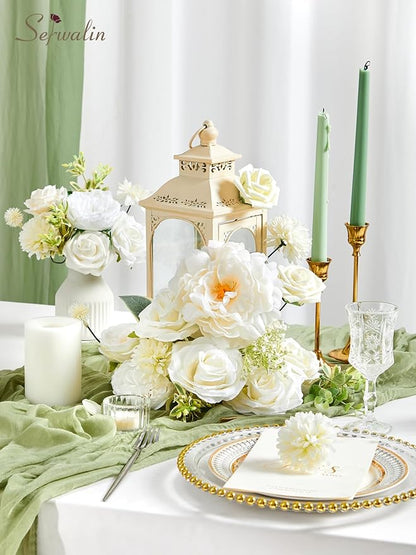 Serwalin Artificial Flowers Bridal Bouquets Realistic Fake Silk Foam Flowers Wedding White Peonies Roses DIY Centerpieces Corsage Boutonniere Home Decoration Party Arrangement Baby Shower