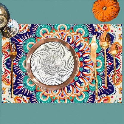 Ethnic Colorful Flower Mandala Placemats Set of 1 PVC Vinyl Non Slip Table Mats Waterproof Heat Resistant Place Mats Washable Wipeable Dining Table Mat for Kitchen Party Farmhouse Indoor Decorative