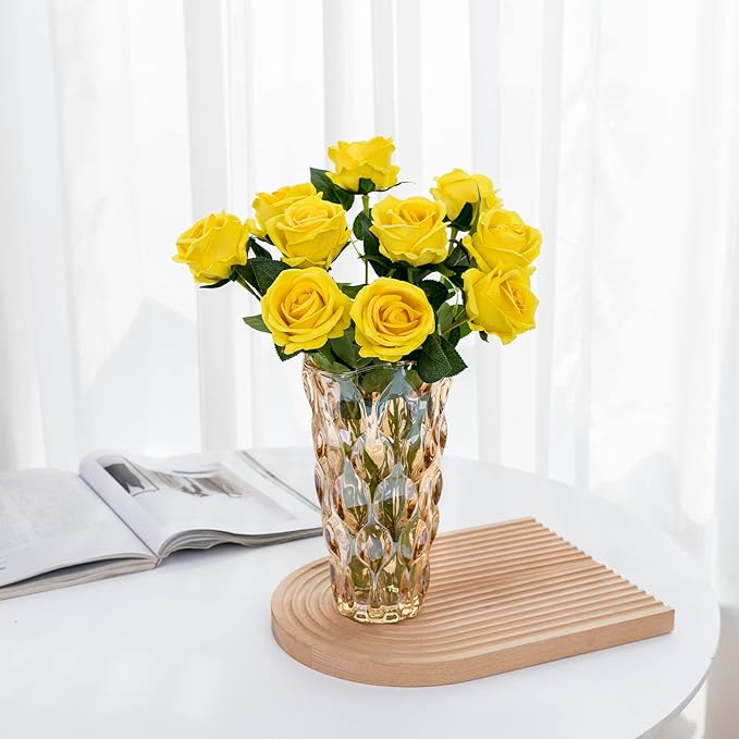 Hawesome 12PCS Artificial Roses Silk Flowers Fake Roses Bouquet Long Stem for Home Wedding Decoration Party (Yellow)