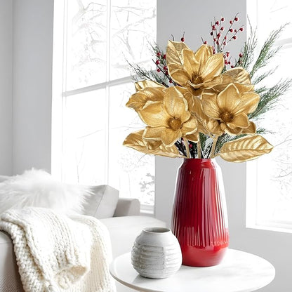 Briful Set of 3 Gold Magnolia Floral Stems 26in Magnolia Artificial Flowers Silk Magnolia Flower Branches for Christmas Home Office Table Vase Decor