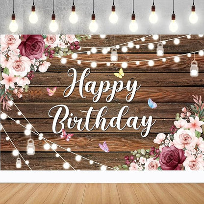 YinQin 180x120 cm Rustic Wood Flower Birthday Backdrops Photo Cloth 71x47 inch Happy Bday Photography Backgrounds Wooden Floral Butterfly Happy Birthday Sign Banner Decoration for Women Girl