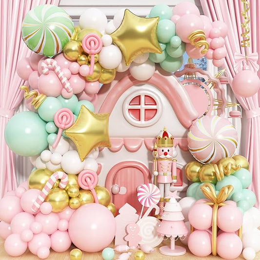 Christmas Decorations Balloons Arch Kit, Pastel Pink Green White Gold Balloons with Star Peppermint Candy Cane Foil Balloon for Christmas Xmas Gingerbread Nutcracker Baby Shower Birthday Party Decor