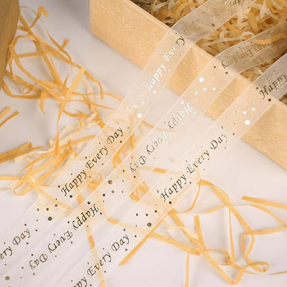 ‌SAYUAN Gold Ribbon 5/8 Inch x 30 Yards Organza Ribbon with Gold HappyEveryDay Pattern for Valentine's Day Birthday Christmas Gift Wrapping Handmade Crafts Floral Bouquet Wedding Party Decoration