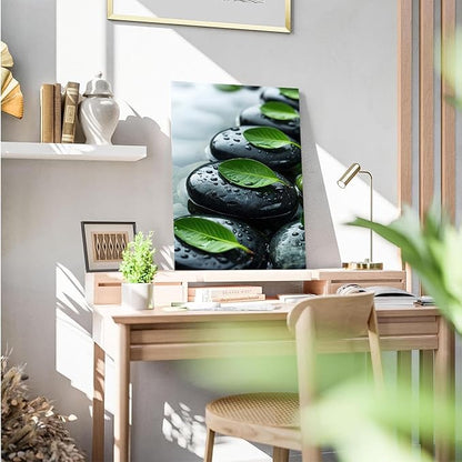 Glittering black stone cluster with fresh green leaves and water drops poster tranquil mist rain wall art zen wall art suitable for modern minimalist home decor 20x30in Wood Framed