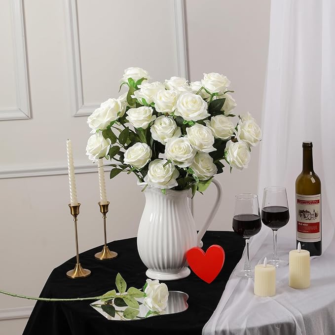 Nubry 24pcs Artificial Silk Roses Bulk,Fake Roses Flower with Stems Realistic Flowers for Wedding Centerpiece Home Party Decor(White)
