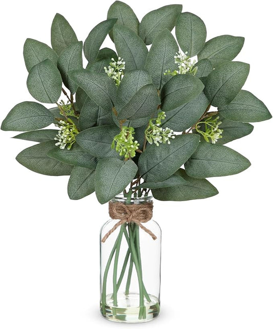 Hollyone 16.1" Artificial Eucalyptus Stems with Glass Vase with Faux Water Fake Plant Eucalyptus in Vase for Home Decor Greenery Plants Wedding Bathroom Office Table Centerpiece Shelf Decorations