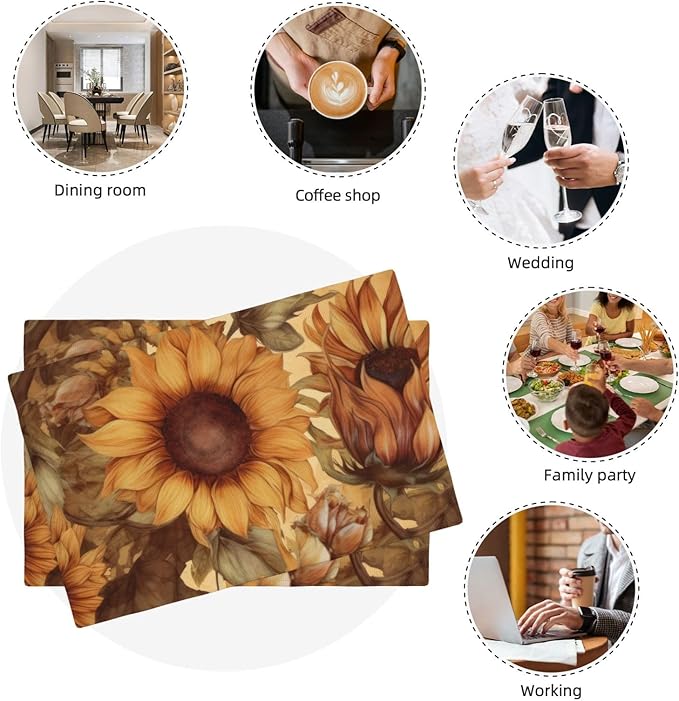 Placemats 4 pcs Sunflower Double-Layer Imitation Linen Place Mats Non-Slip Heat-Resistant Tablemats for Home Restaurant Hotel 18×12 Inch