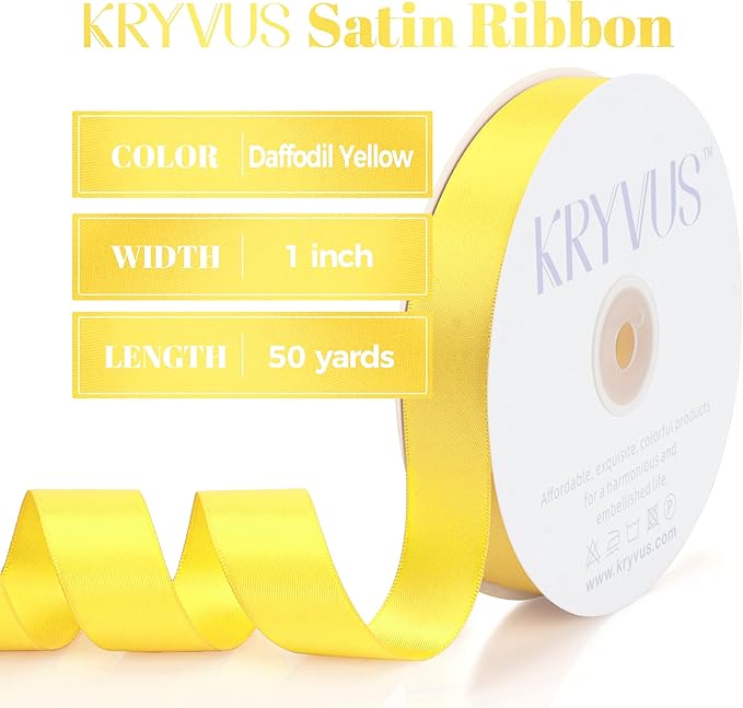 Daffodil Yellow Satin Ribbon, Double Faced 1 Inch X 50 Yards Daffodil Ribbon, Premium Satin Ribbon for Gift Wrapping, Crafts, Hair Bow Making, Sewing, Flower Bouquet, Wedding Party Decor
