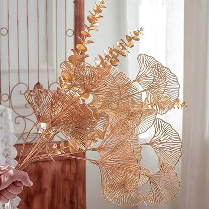 Artificial Golden Plants Fake Gold Ginkgo Leaves - Tall 27Inch 2 Pack, Faux Apricot Leaf Christmas Decor Plant Simulation Bushes for Indoor Outdoor Xmas Party Wedding Table Centerpiece DIY Decoration
