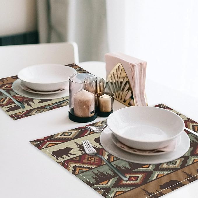 Rustic Lodge Bear Placemats Set of 4, Vintage Cabin Pine Cone Plaid Place Mats, Heat Resistant Non Slip Cotton Linen Dining Table Mats for Home Kitchen Party 18x12 Inch