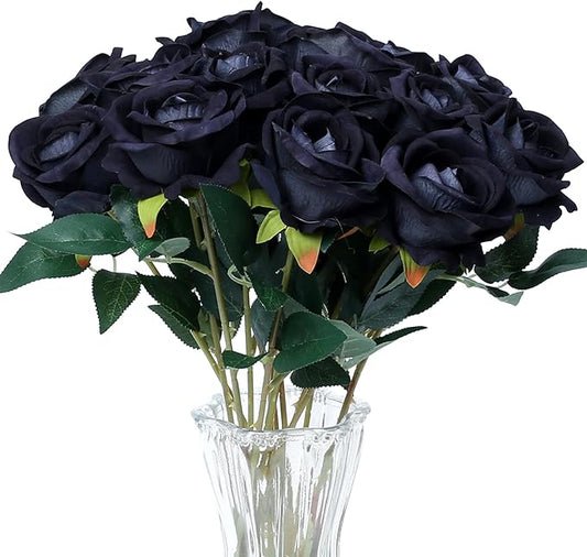 SITUMEIZI 15PCS Black Artificial Roses Silk Flowers Fake Roses Realistic Bouquet Long Stem with Gift Box for Mother's Gift Day Home Party Wedding Decorations