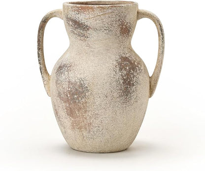 Antique Ceramic Rustic Vase with 2 Handles, Farmhouse Round Flower Vase, Vintage Terracotta Vases for Home Decor, Wedding, Living Room, Table, Shelf Decor - 8.6 Inch Tall, Terra