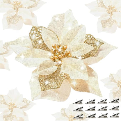 24 Pcs Christmas Poinsettia Flowers Artificial with Clips, 5.9" Christmas Decor Glitter Poinsettia Flowers for Christmas Tree New Year Wedding Party Wreath DIY Garland Decor (Gold)