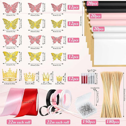 449Pcs Flower Bouquet Wrapping Accessories with Floral Wrapping Paper Gold Crowns Butterfly Decorations Gem Pins and Wooden Sticks, Ribbons for Money Bouquet Mother's Day Baby Shower Graduation