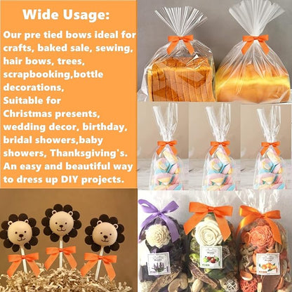 100 Pack Orange Satin Pretied Bows, 3" Satin Ribbon Twist Tie Bows for Gift Bags, Crafts, Weddings & Holidays